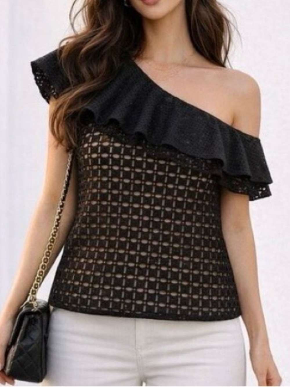 New J. Crew one-Shoulder Ruffle eyelet Top - Black size 4
